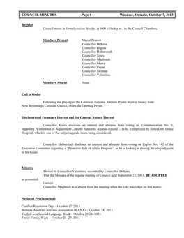 COUNCIL MINUTES Page 1 Windsor, Ontario, October 7, 2013