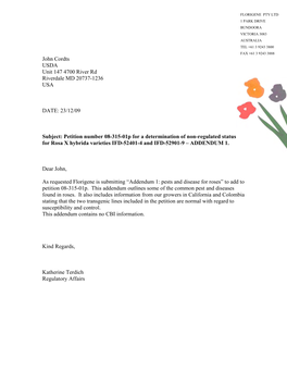 Petition Number 08-315-01P for a Determination of Non-Regulated Status for Rosa X Hybrida Varieties IFD-52401-4 and IFD-52901-9 – ADDENDUM 1