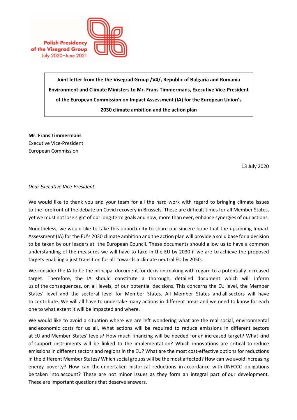 Joint Letter from the the Visegrad Group /V4/, Republic of Bulgaria and Romania Environment and Climate Ministers to Mr