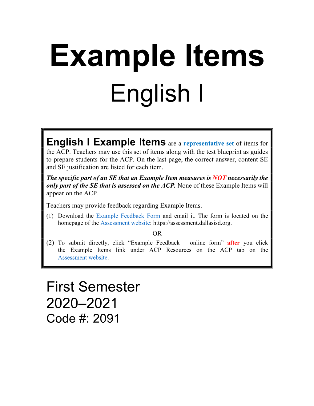 Example Items English I