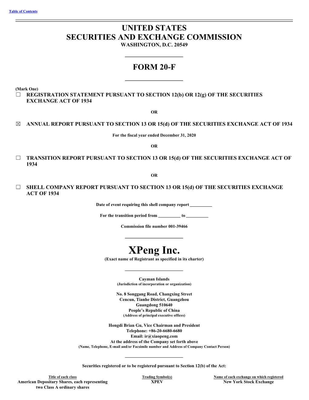 Xpeng Inc. (Exact Name of Registrant As Specified in Its Charter)