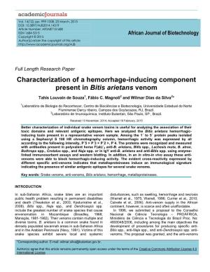 Characterization of a Hemorrhage-Inducing Component Present in Bitis Arietans Venom