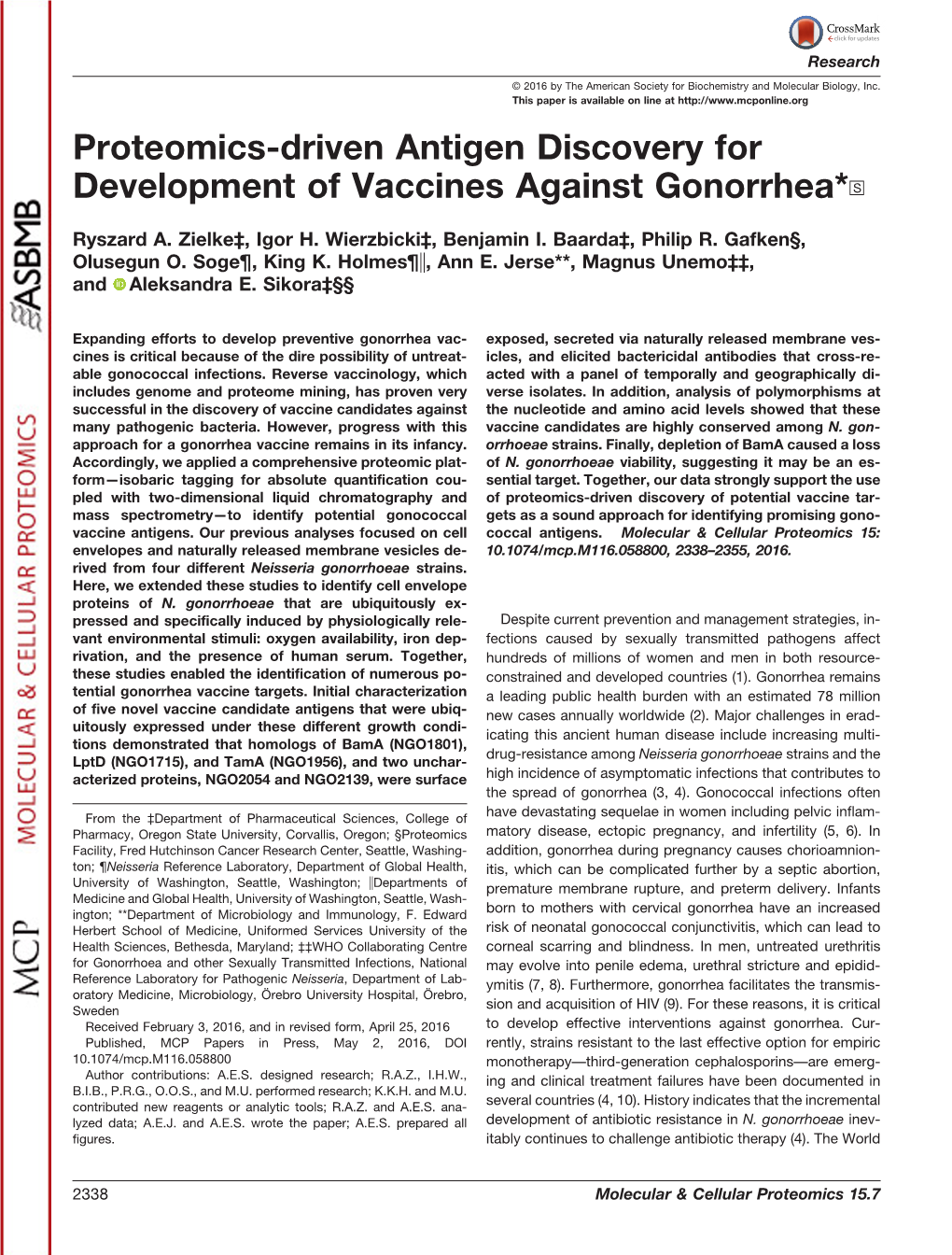 Proteomics-Driven Antigen Discovery for Development of Vaccines Against Gonorrhea*□S