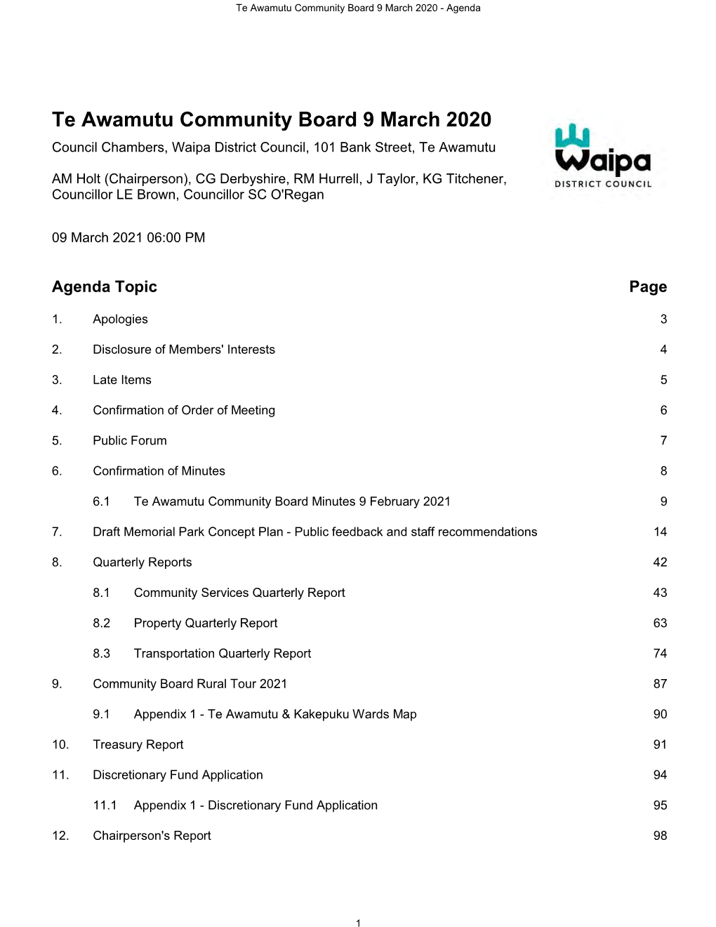 Te Awamutu Community Board 9 March 2020 - Agenda