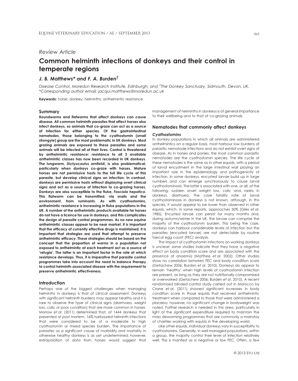 Common Helminth Infections of Donkeys and Their Control in Temperate Regions J