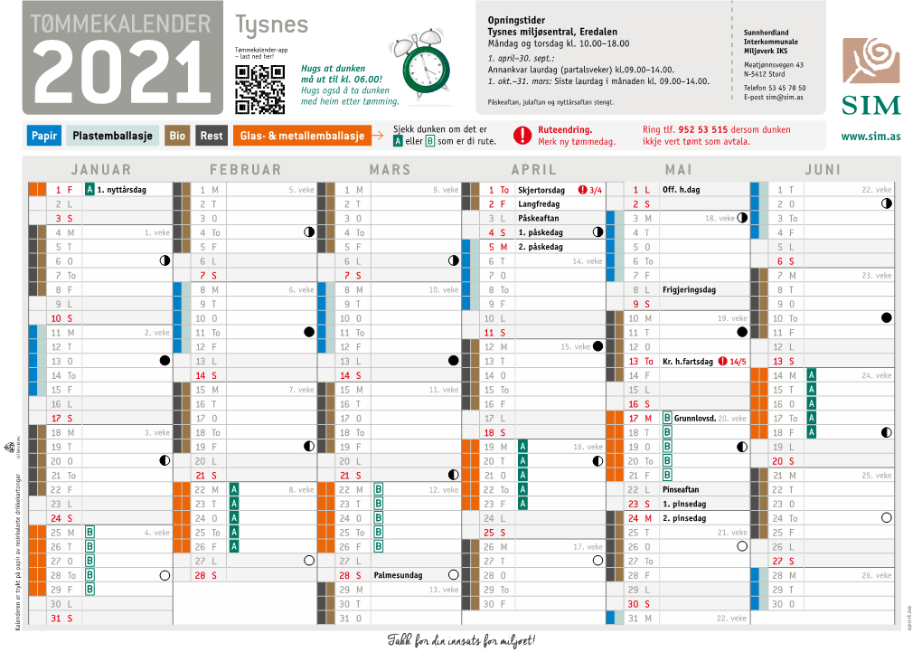 TØMMEKALENDER Tysnes Tysnes Miljøsentral, Eredalen Sunnhordland Måndag Og Torsdag Kl