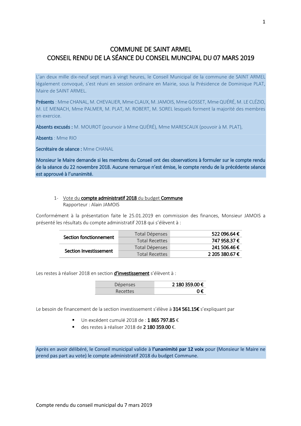 Commune De Saint Armel Conseil Rendu De La Séance Du Conseil Muncipal Du 07 Mars 2019