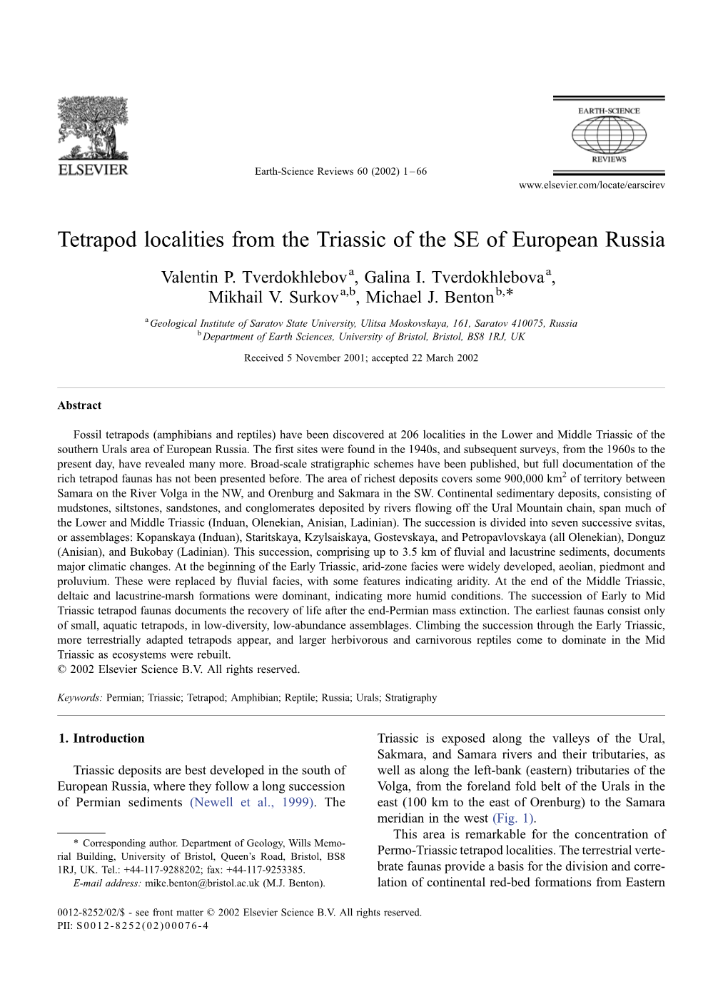 Tetrapod Localities from the Triassic of the SE of European Russia