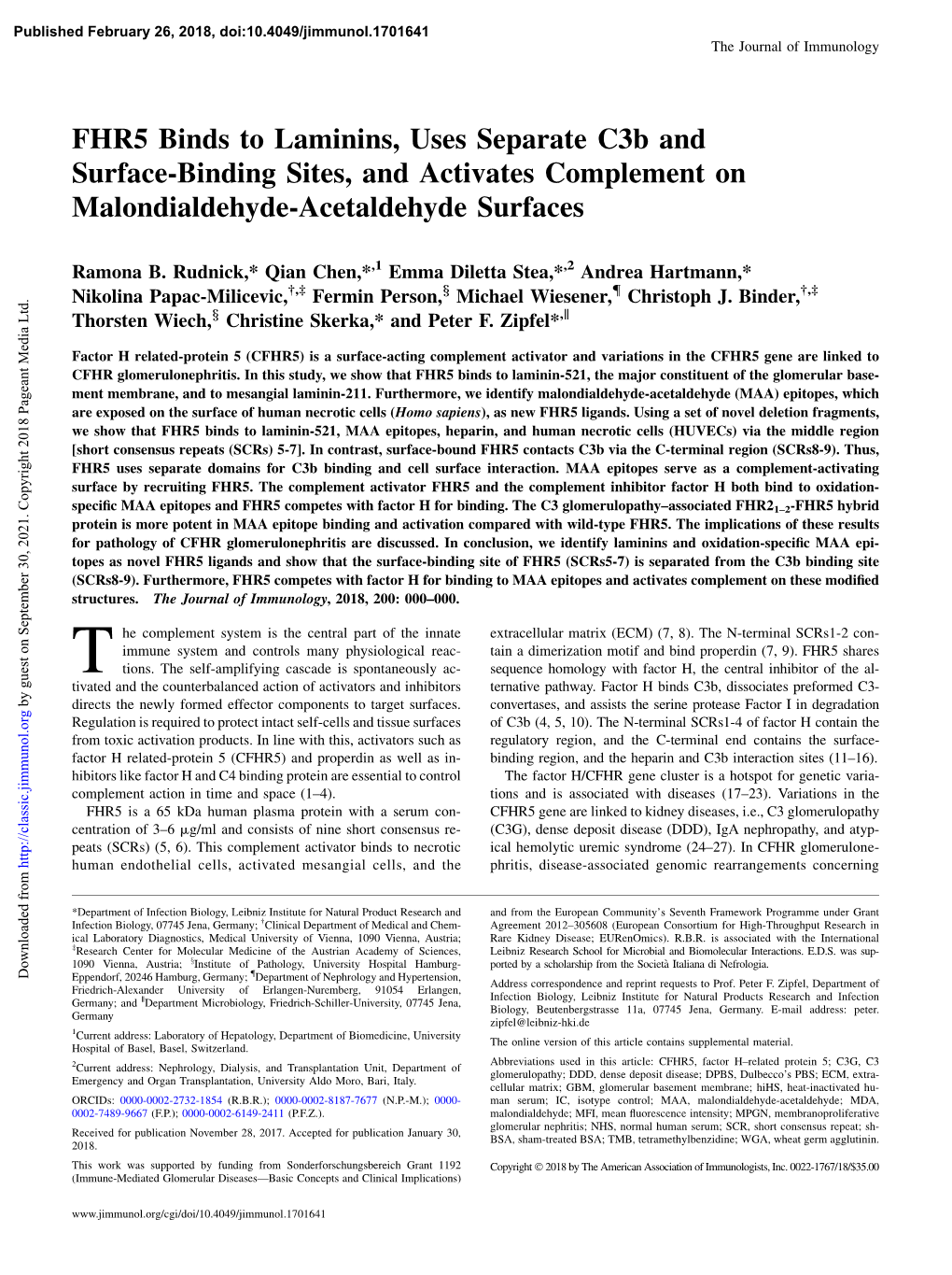 FHR5 Binds to Laminins, Uses Separate C3b and Surface-Binding Sites, and Activates Complement on Malondialdehyde-Acetaldehyde Surfaces