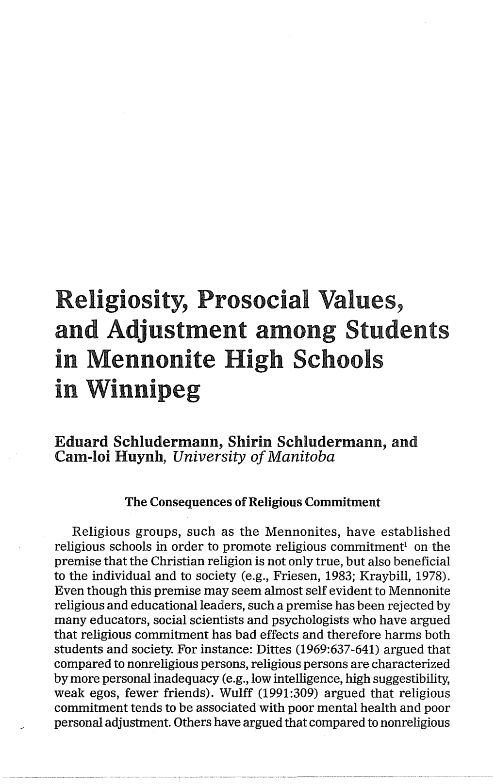 Religiosity, Prosocial Values, and Adjustment Among Students in Mennonite High Schools in Winnipeg