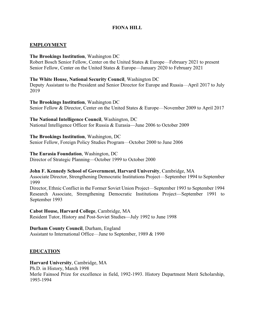 Fiona Hill's CV