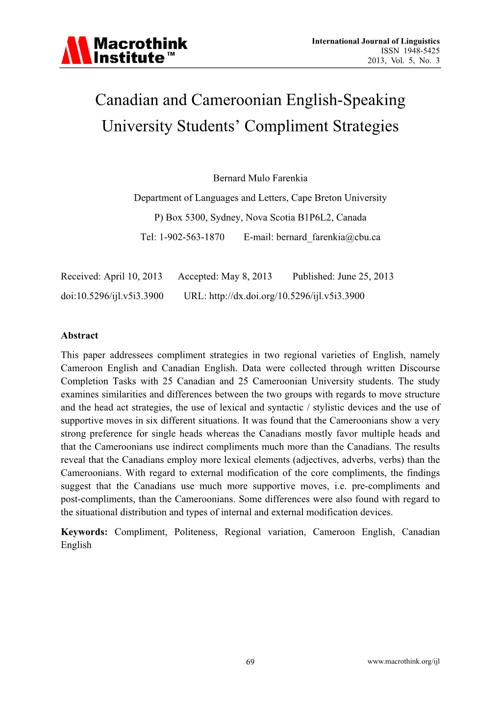 Canadian and Cameroonian English-Speaking University Students’ Compliment Strategies