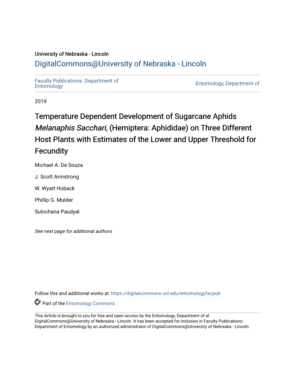 Temperature Dependent Development of Sugarcane Aphids