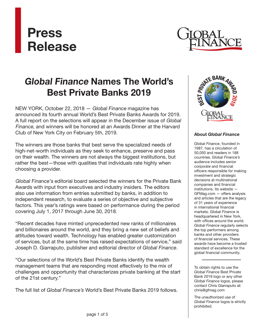 Global Finance Names the World's Best Private Banks 2019