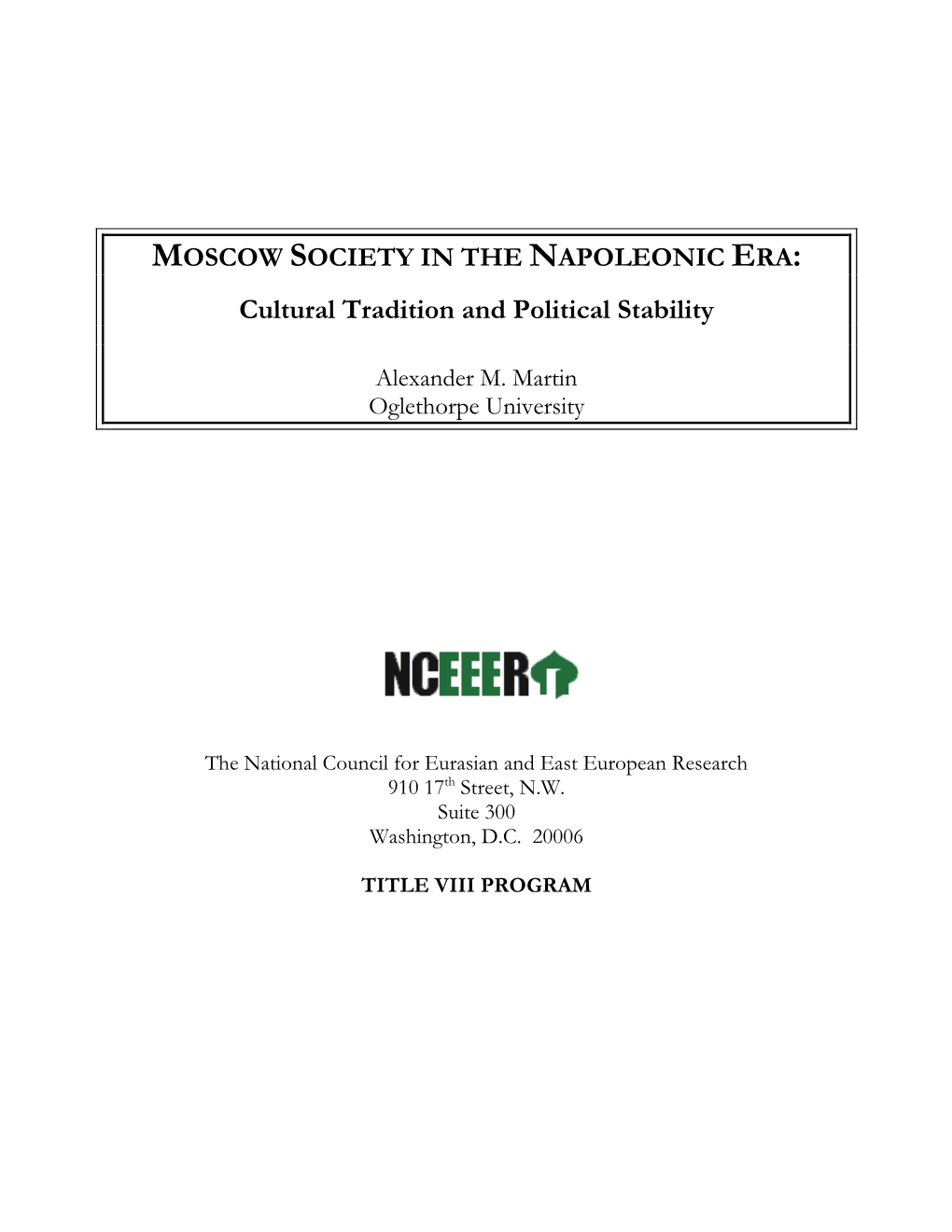 Moscow Society in the Napoleonic Era