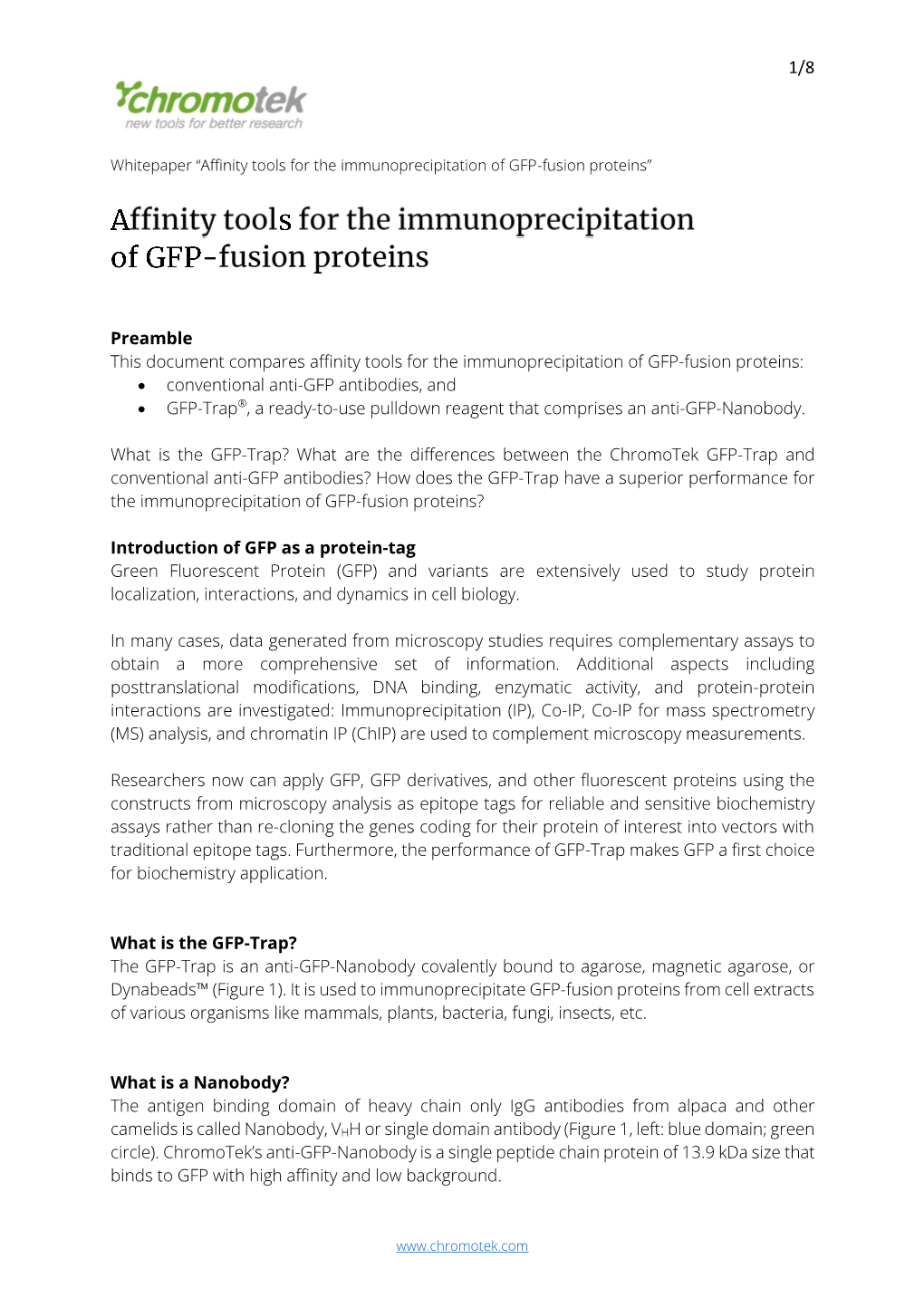 Affinity Tools for the Immunoprecipitation of GFP-Fusion Proteins”