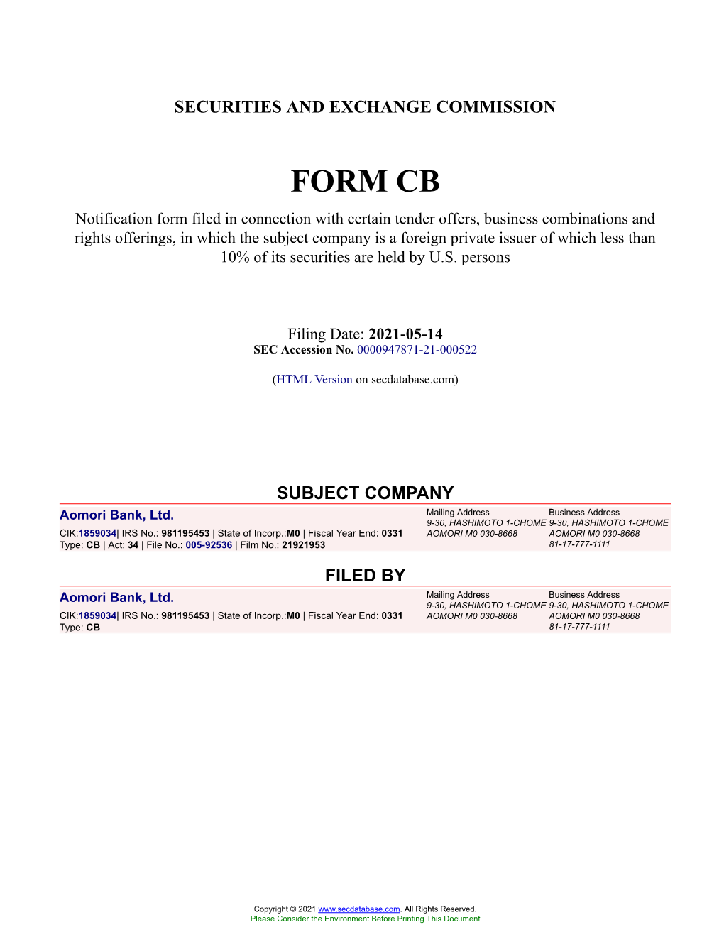 Aomori Bank, Ltd. Form CB Filed 2021-05-14