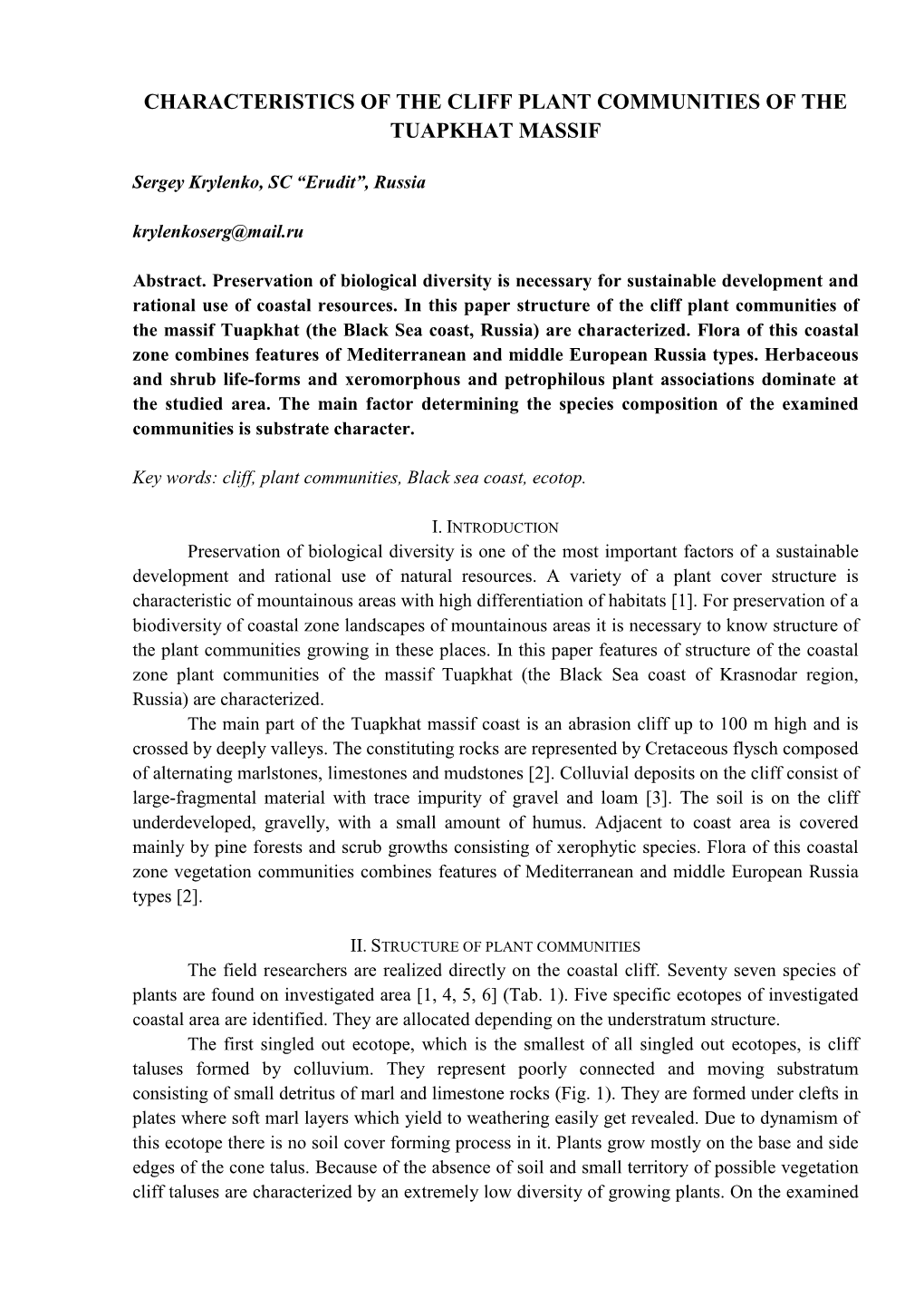 Characteristics of the Cliff Plant Communities of the Tuapkhat Massif