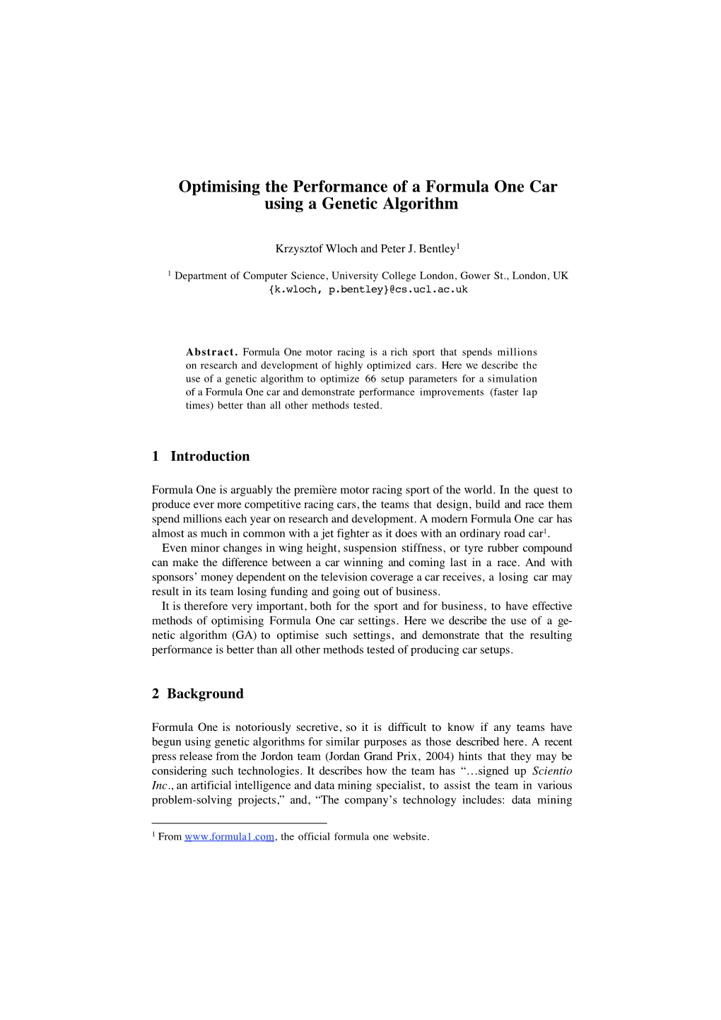 Optimising the Performance of a Formula One Car Using a Genetic Algorithm