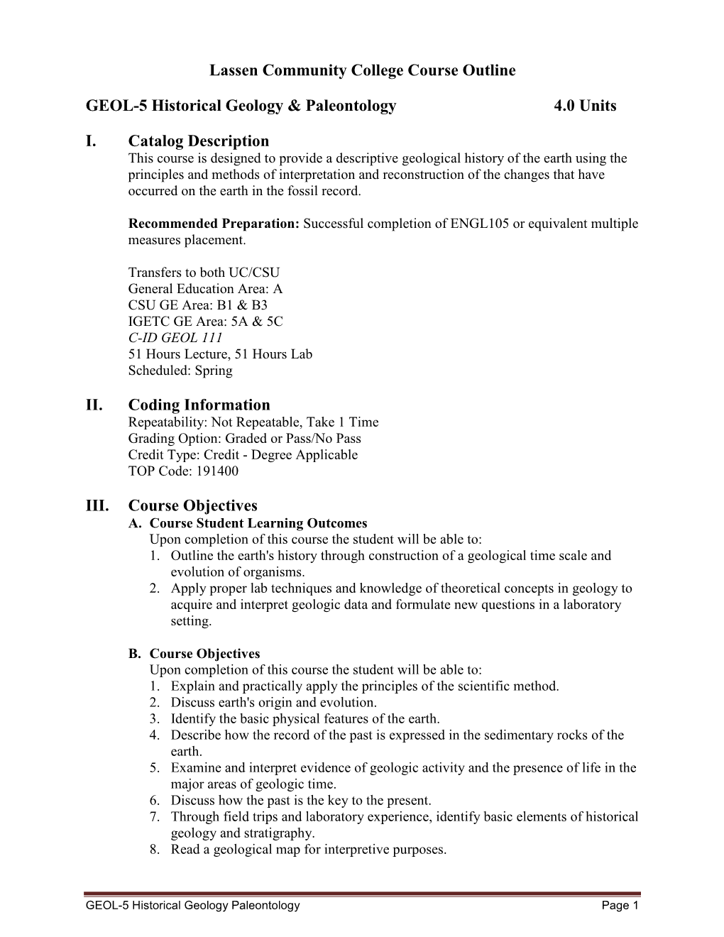 GEOL 5 Historical Geology & Paleontology(C-ID GEOL 111)