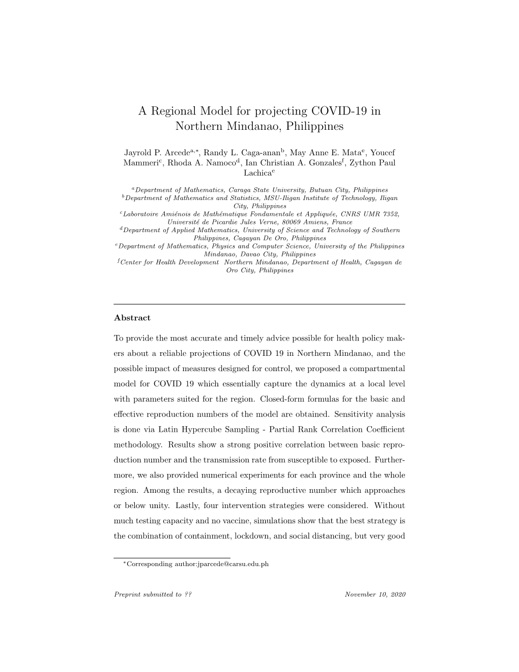 A Regional Model for Projecting COVID-19 in Northern Mindanao, Philippines