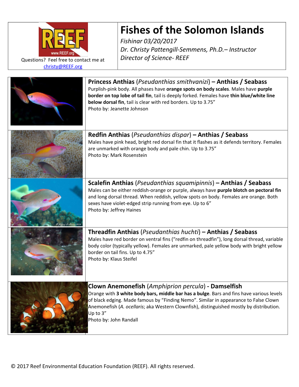 Fishes of the Solomon Islands Fishinar 03/20/2017 Dr