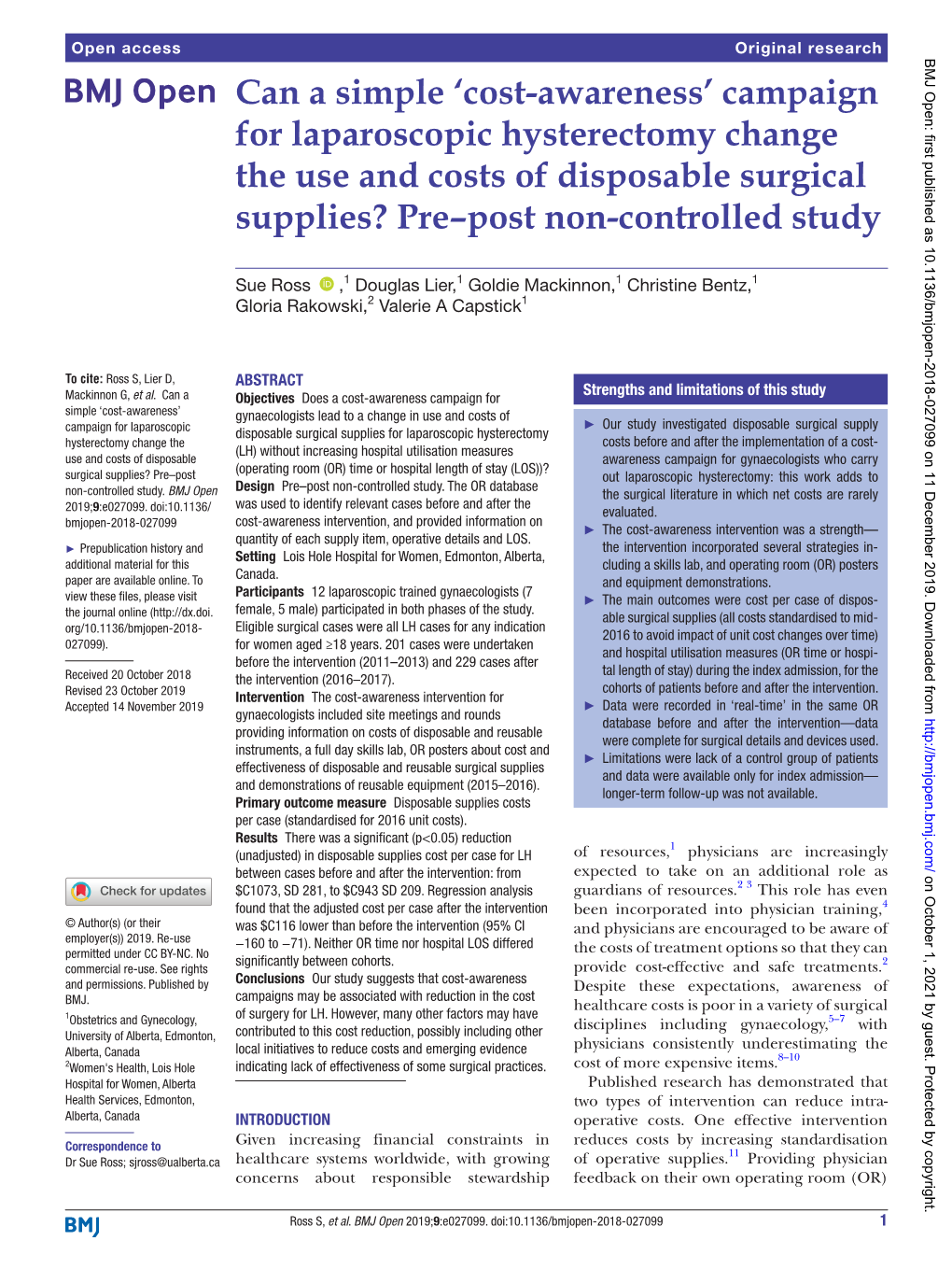 Campaign for Laparoscopic Hysterectomy Change the Use and Costs of Disposable Surgical Supplies? Pre–Post Non-Controlled­ Study