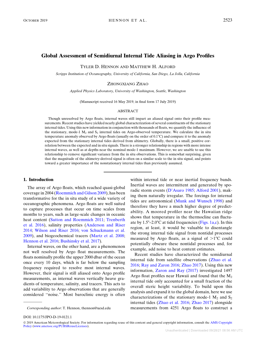 Global Assessment of Semidiurnal Internal Tide Aliasing in Argo Proﬁles