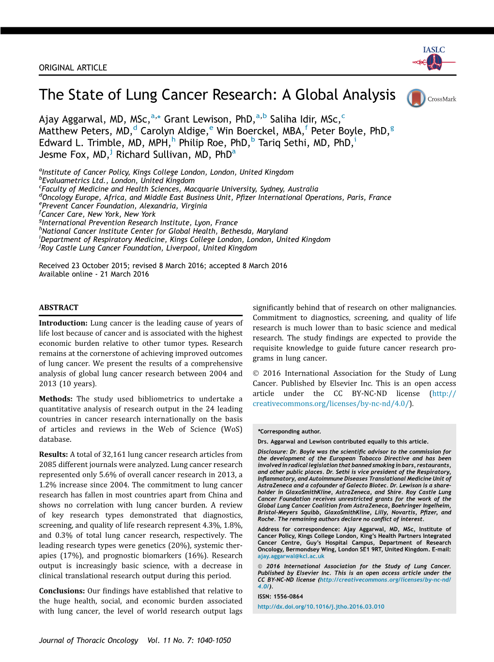The State of Lung Cancer Research: a Global Analysis