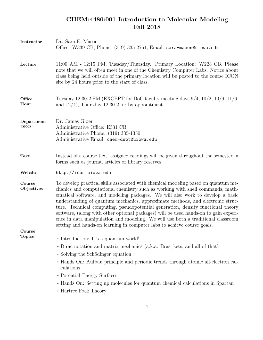 CHEM:4480 Introduction to Molecular Modeling