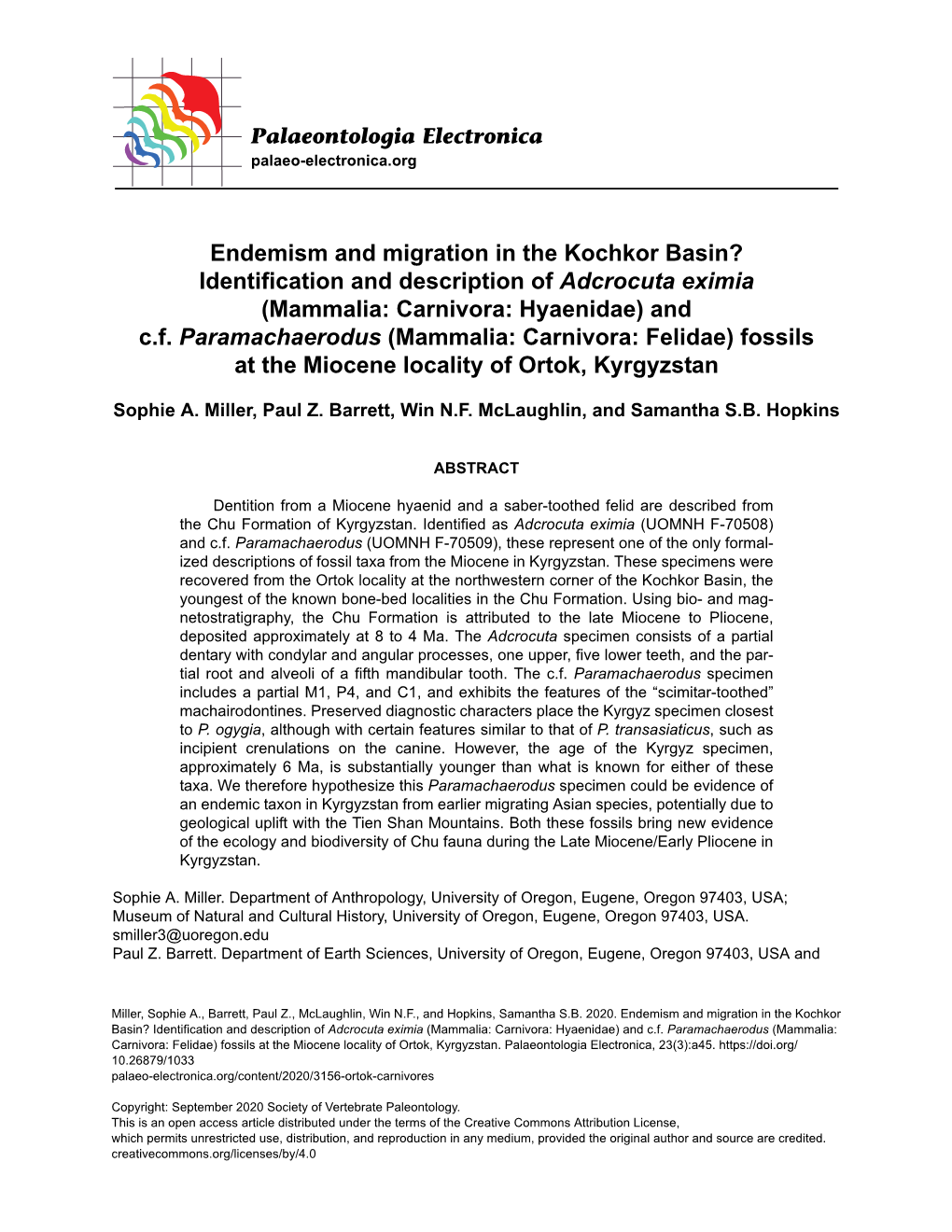 Endemism and Migration in the Kochkor Basin? Identification and Description of Adcrocuta Eximia (Mammalia: Carnivora: Hyaenidae) and C.F