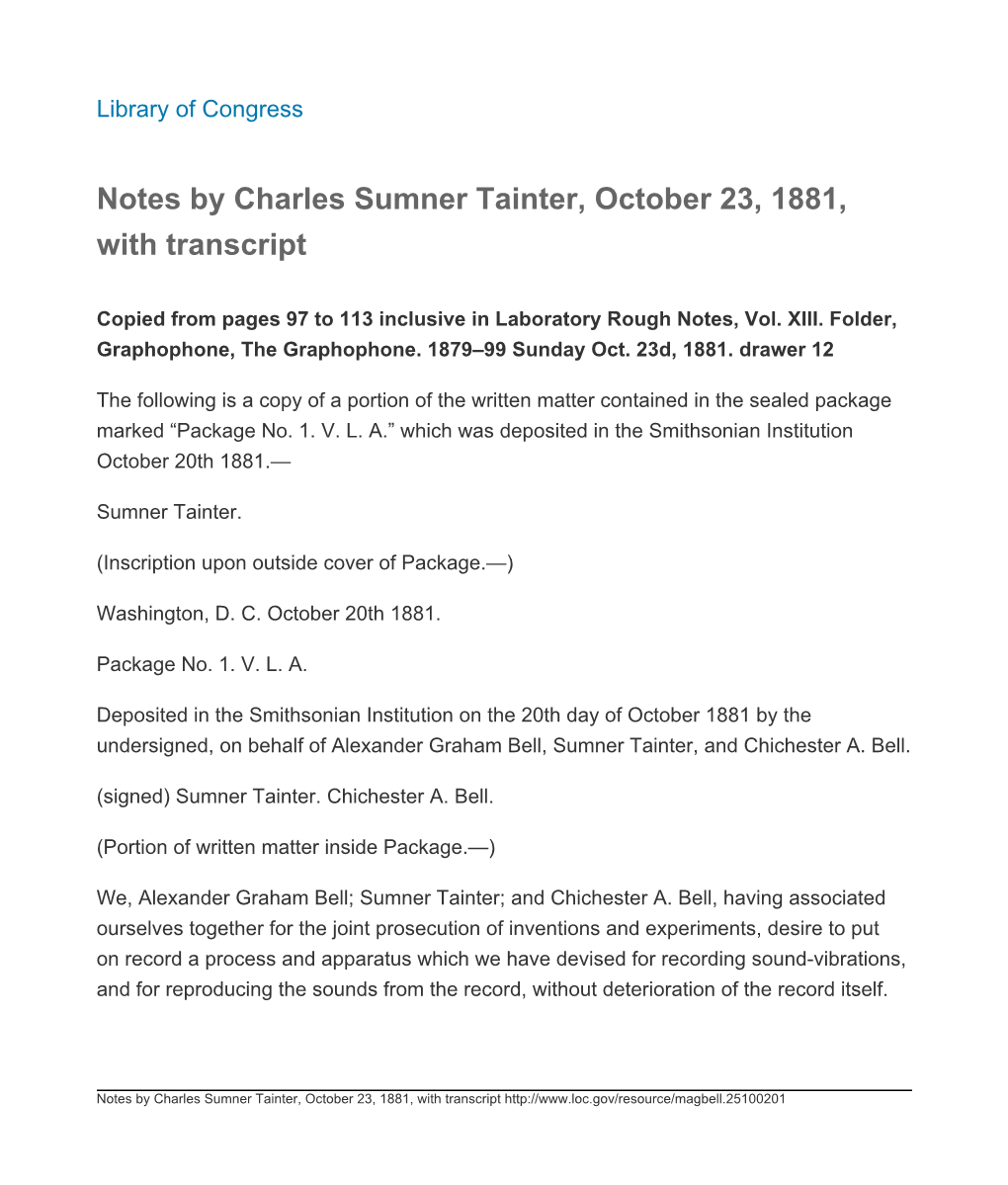 Notes by Charles Sumner Tainter, October 23, 1881, with Transcript