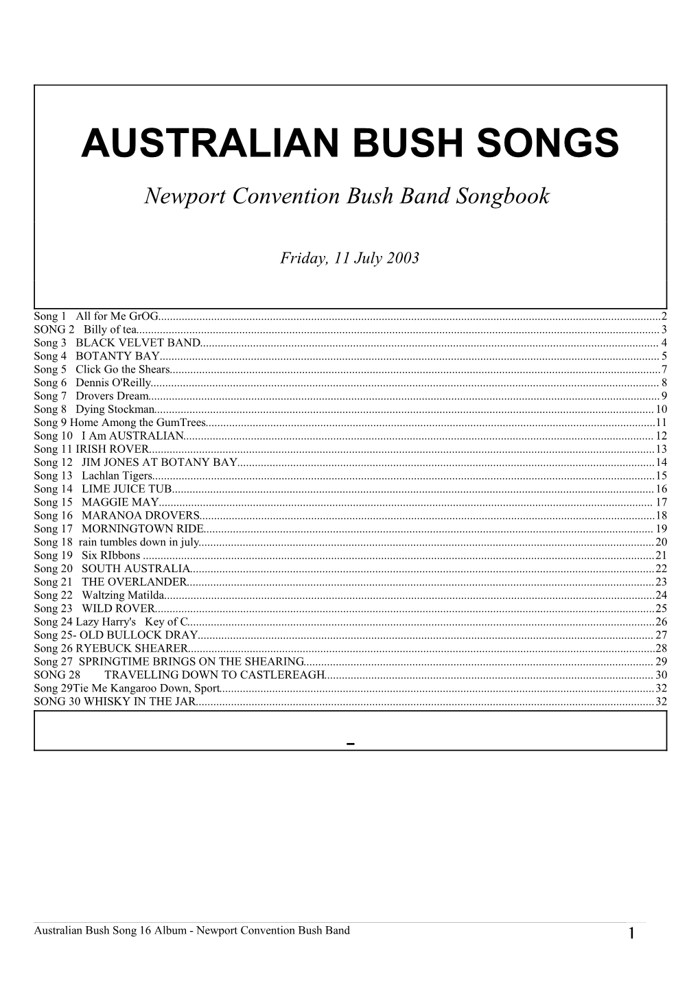 AUSTRALIAN BUSH SONGS Newport Convention Bush Band Songbook