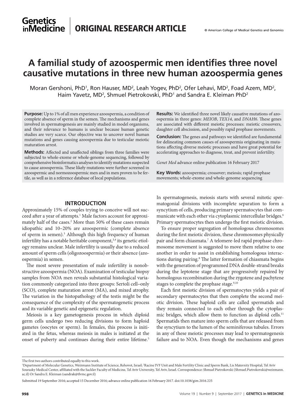 A Familial Study of Azoospermic Men Identifies Three Novel Causative Mutations in Three New Human Azoospermia Genes
