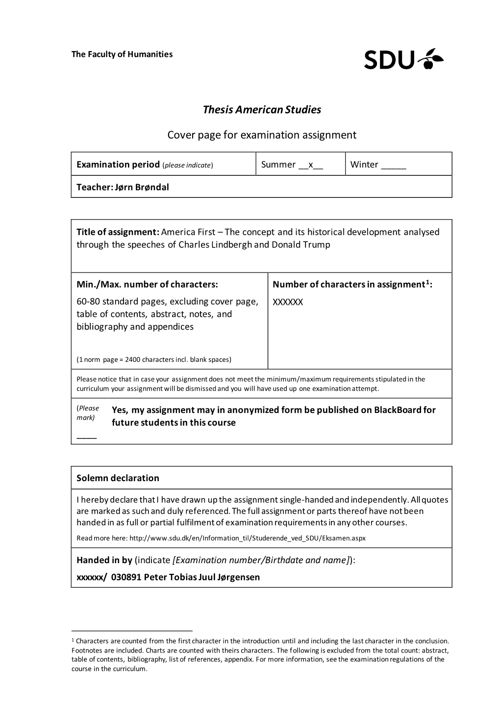 Thesis American Studies Cover Page for Examination Assignment