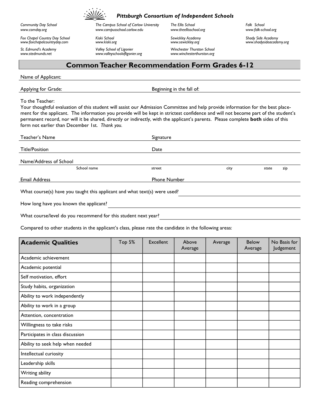 Teacher Recommendation Form Grades 6-12