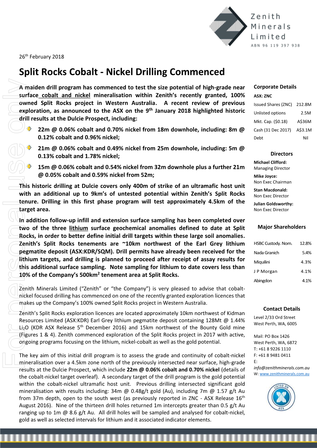 Split Rocks Cobalt - Nickel Drilling Commenced