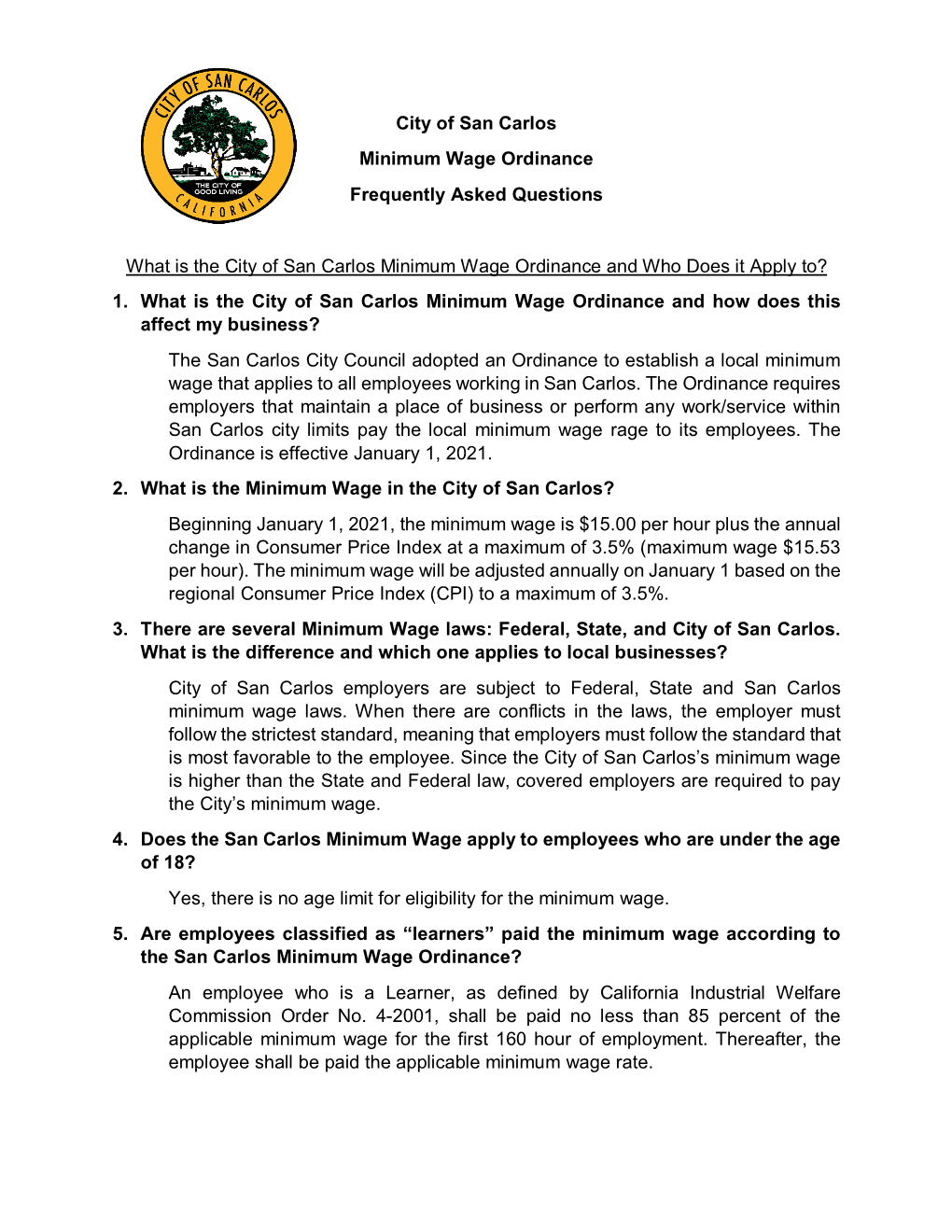 City of San Carlos Minimum Wage Ordinance Frequently Asked Questions