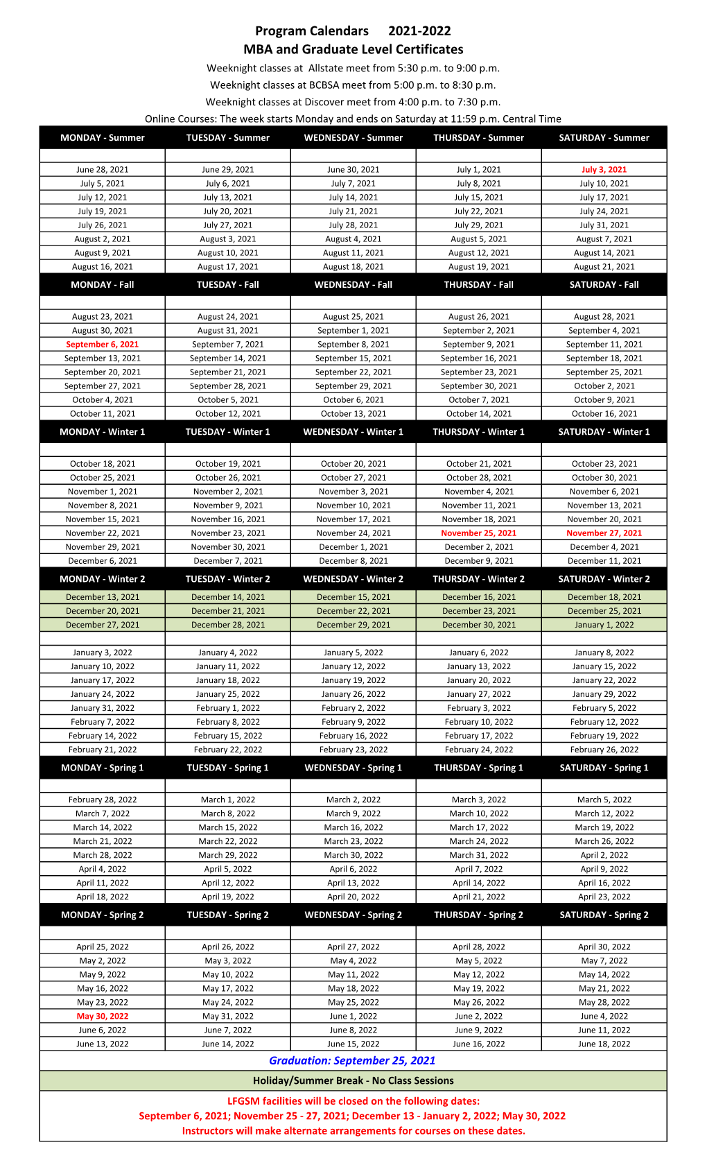 2021-2022 Degree Program Academic Calendar