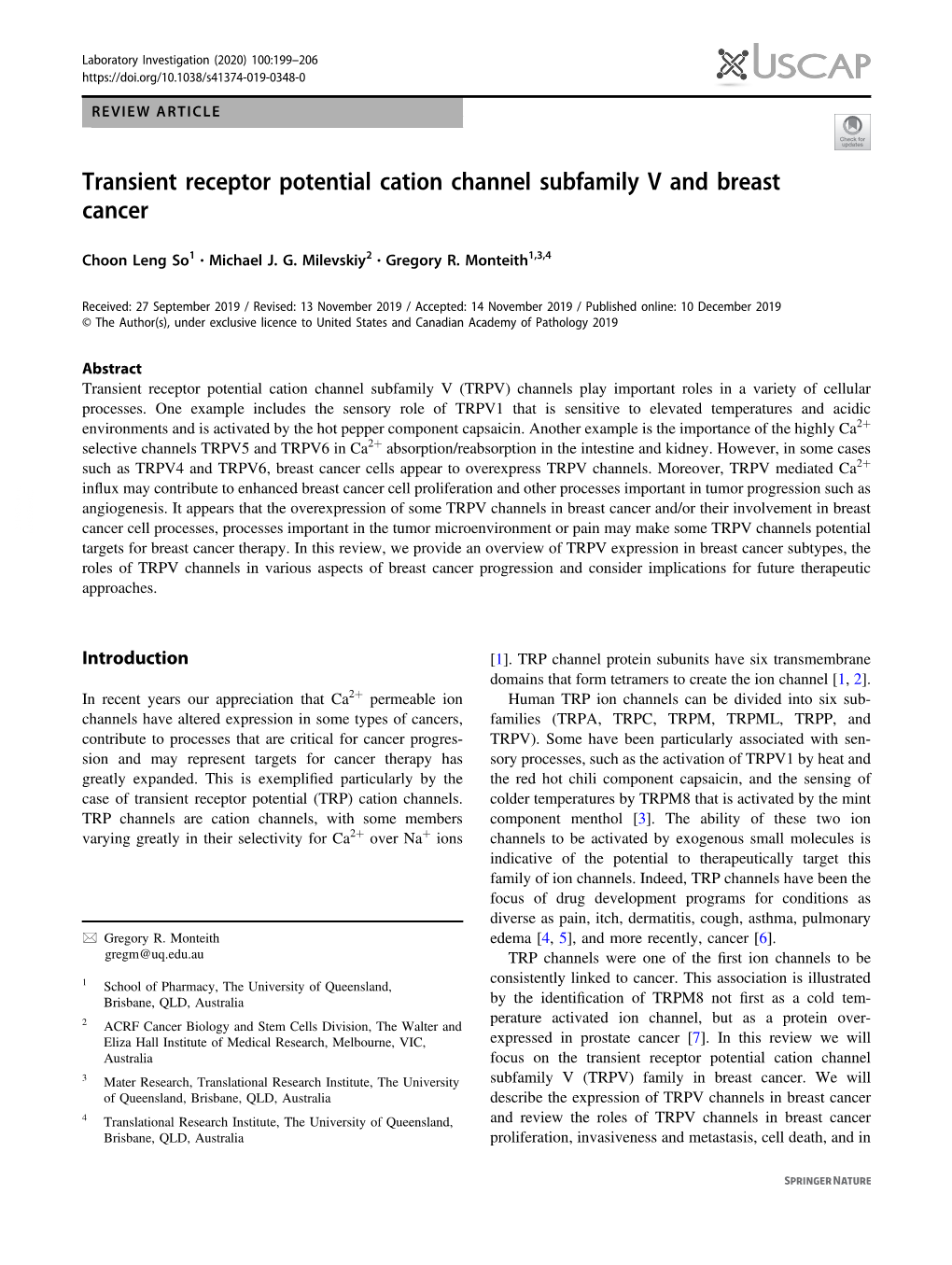 Transient Receptor Potential Cation Channel Subfamily V and Breast Cancer