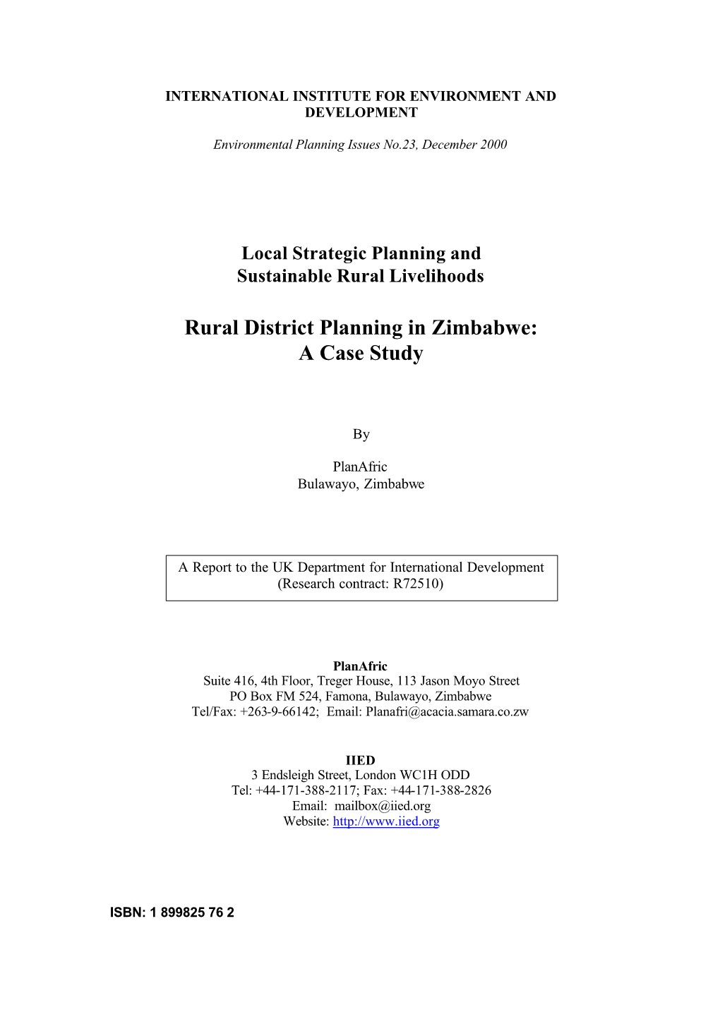 Rural District Planning in Zimbabwe: a Case Study