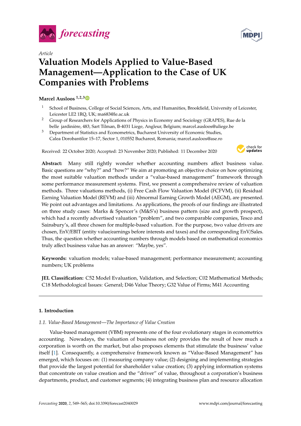 Valuation Models Applied to Value-Based Management—Application to the Case of UK Companies with Problems