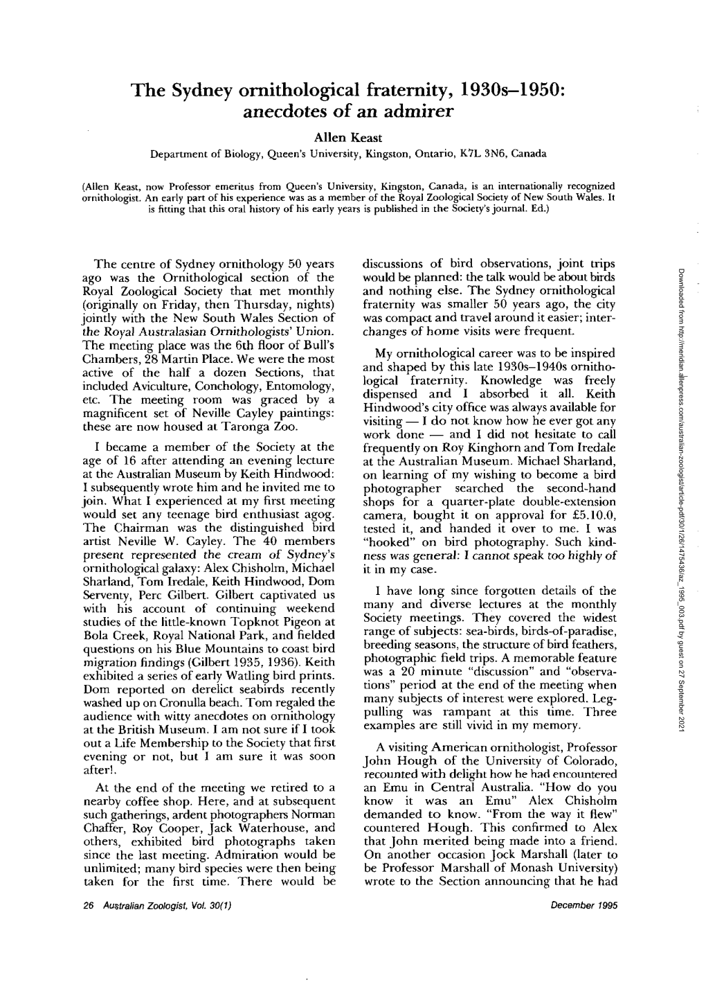 The Sydney Ornithological Fraternity, 1930S-1950: Anecdotes of an Admirer Allen Keast Department of Biology, Queen's University, Kingston, Ontario, K7L 3N6, Canada