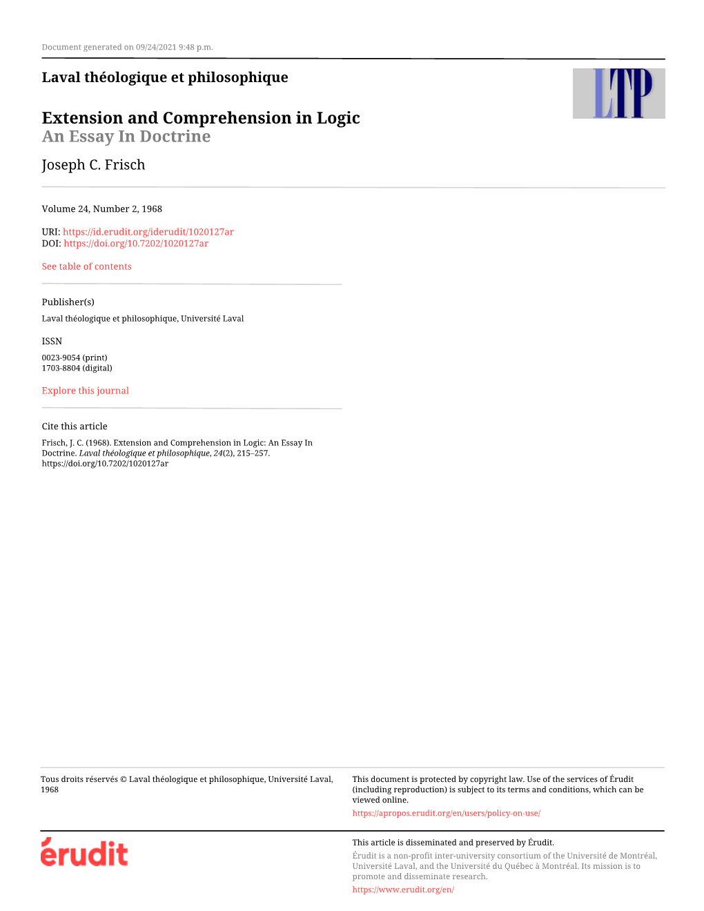 Extension and Comprehension in Logic: an Essay in Doctrine