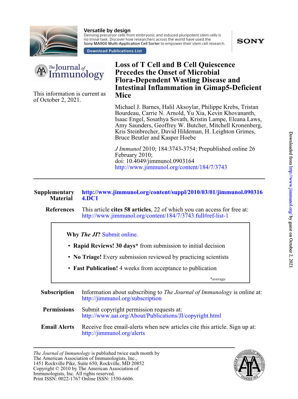 Mice Intestinal Inflammation in Gimap5-Deficient Flora-Dependent