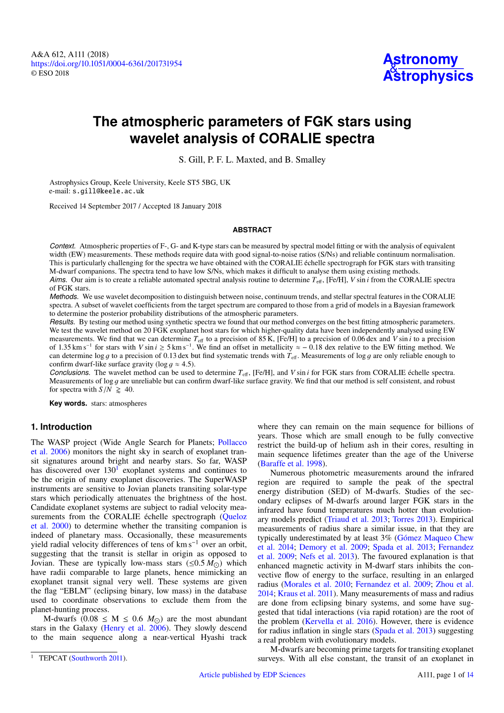 The Atmospheric Parameters of FGK Stars Using Wavelet Analysis of CORALIE Spectra S