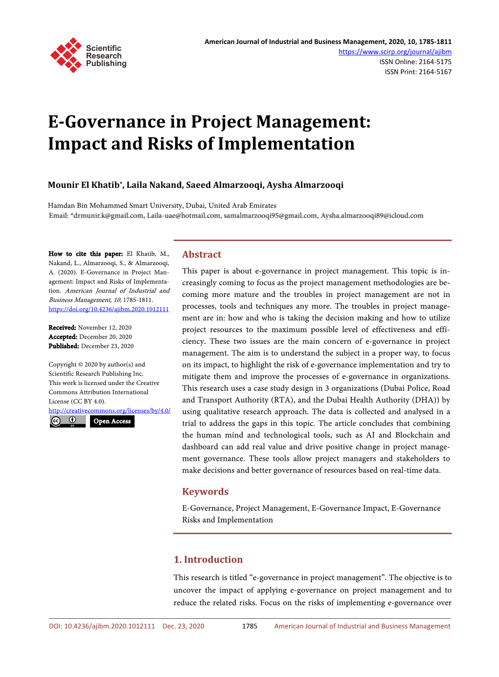E-Governance in Project Management: Impact and Risks of Implementation