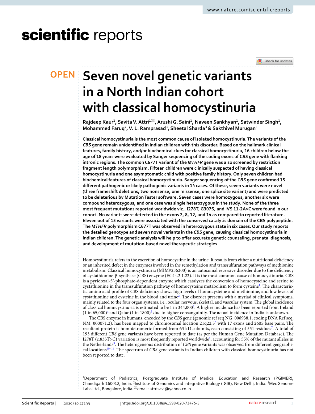 Seven Novel Genetic Variants in a North Indian Cohort with Classical Homocystinuria Rajdeep Kaur1, Savita V