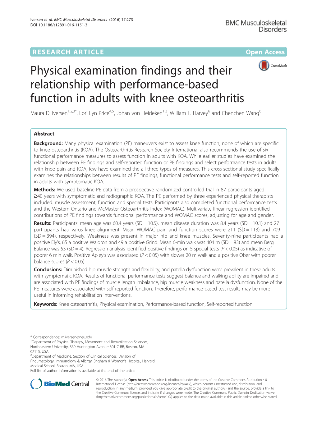 Physical Examination Findings and Their Relationship with Performance-Based Function in Adults with Knee Osteoarthritis Maura D