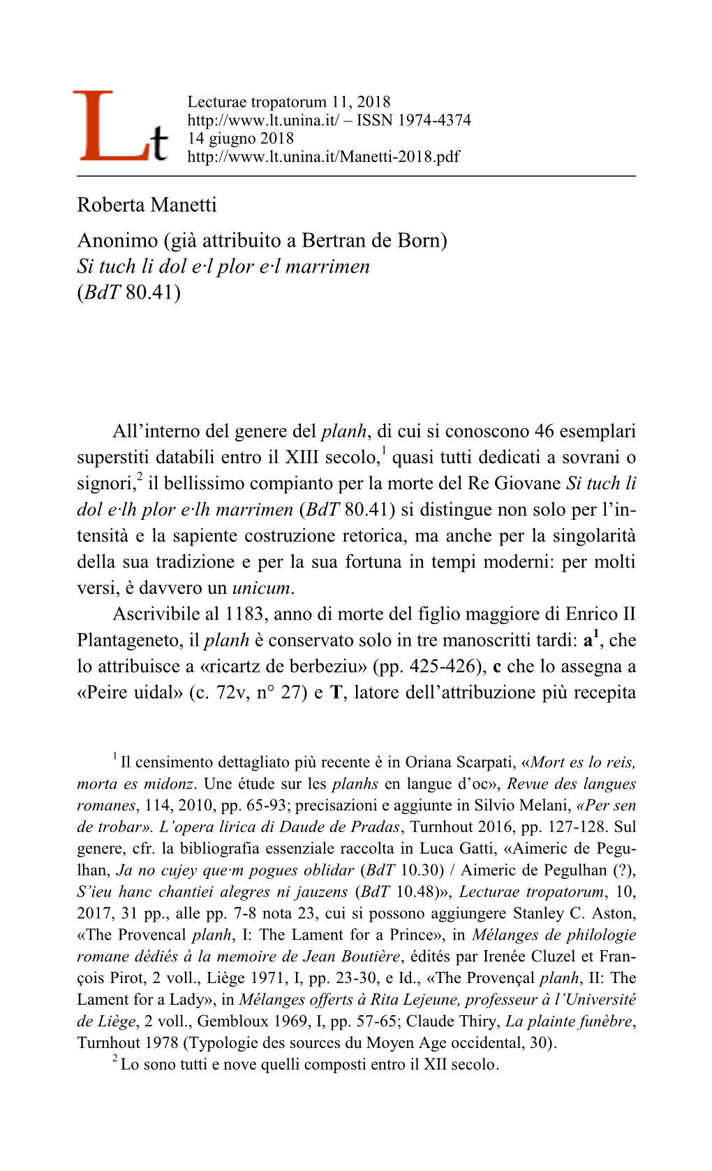 Già Attribuito a Bertran De Born) Si Tuch Li Dol E·L Plor E·L Marrimen (Bdt 80.41